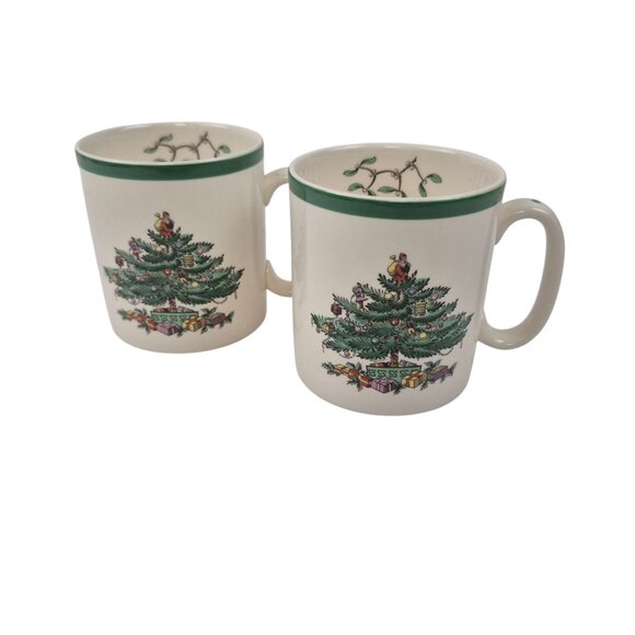 Spode Christmas Tree Mug Set of 2 Green Trim England S3324 Vintage Earthenware - Picture 1 of 10